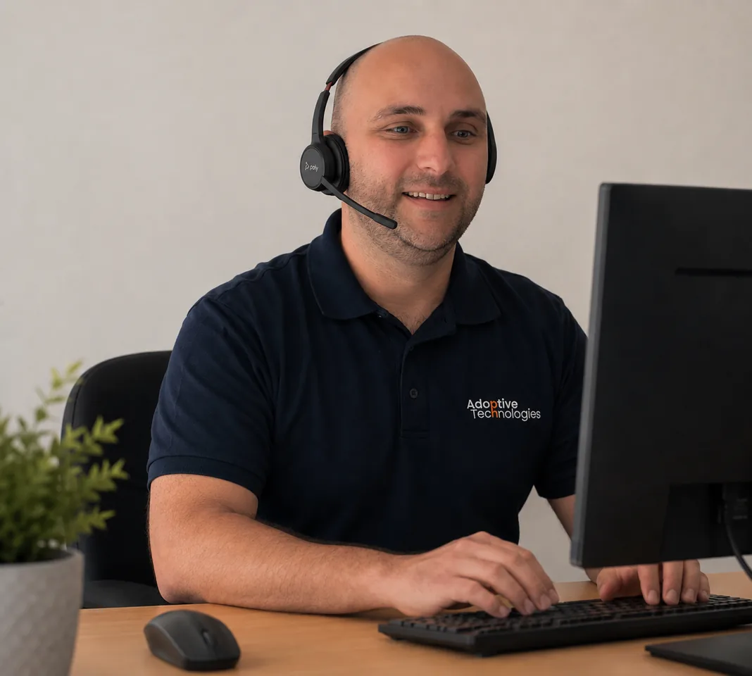 Martin from Adoptive Technologies wearing a headset, providing IT support at his desk